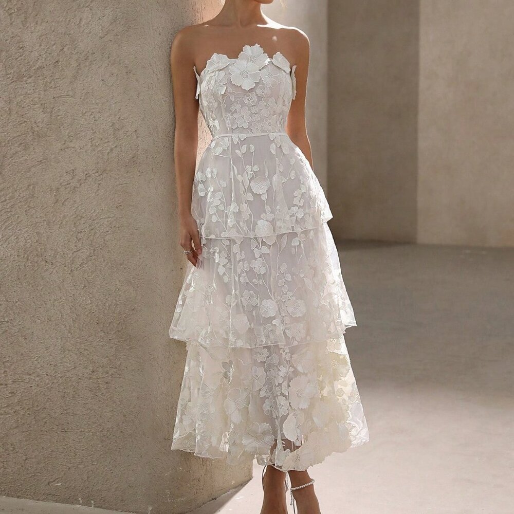 White Elegant Women's 3d Floral Decor Strapless Party Dress